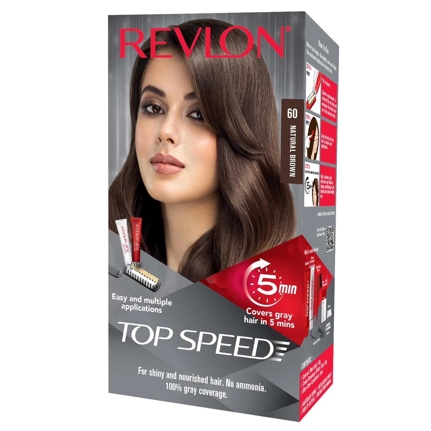 Revlon Top Speed Hair Color for Women Natural Brown | Ginseng Root Extract and Mother of Pearl | 100% Grey Coverage in 5 Minutes | Ammonia Free, Easy Application and Intense Conditioning - Natural Brown 60