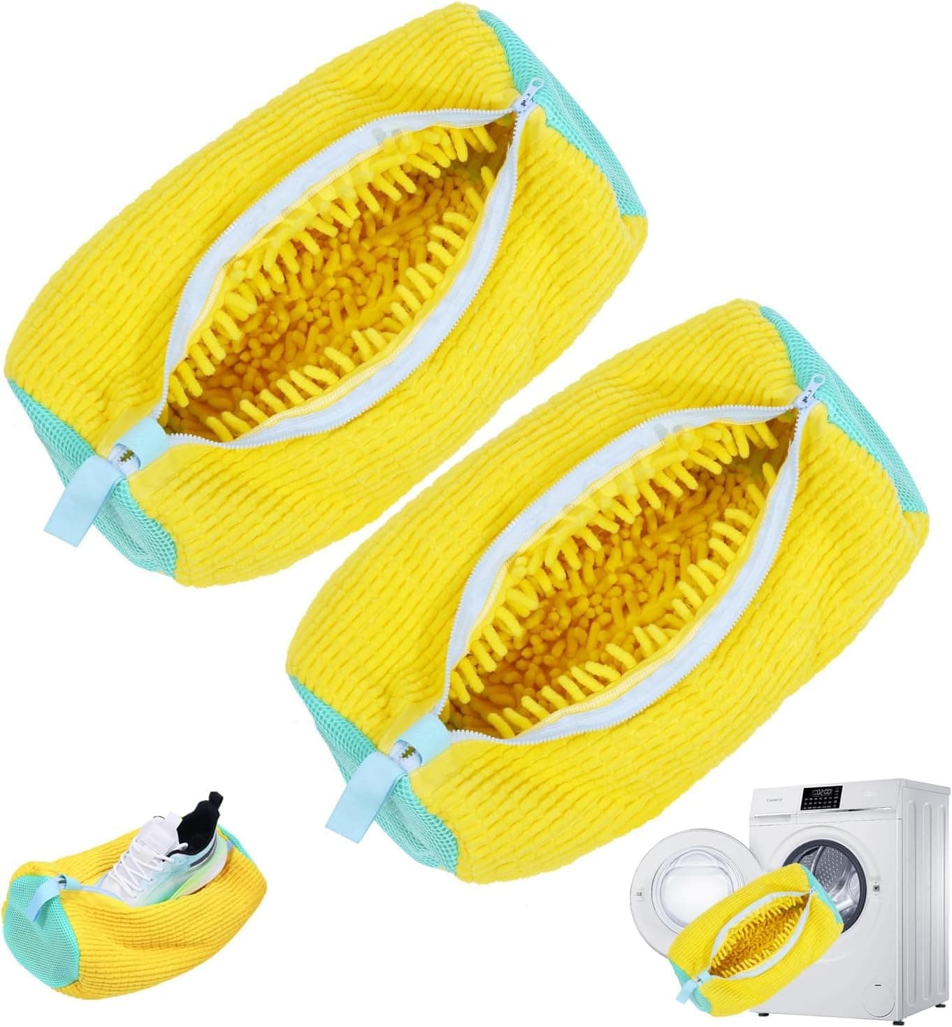 Travel Curry - Shoe Washing Machine Bag – Upgraded 360° Cleaning Shoe Laundry Organizer with 20000+ Fluffy Fibers, Zipper & Mesh Design, Wash Bag for Sneakers, Trainers, Delicates (Shoe Bag - Yellow)