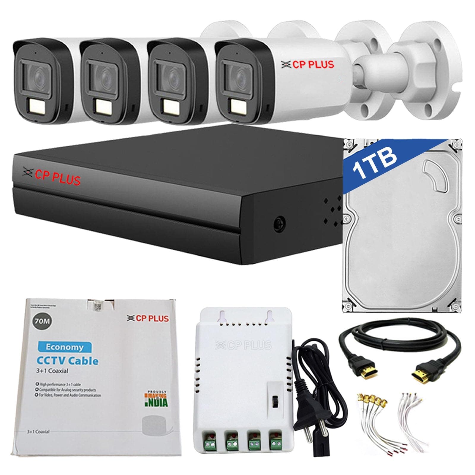 CP PLUS 4 channel DVR with 2MP 4x OUTDOOR, Built-in Audio Mic, Dual Light Color Night Vision wired CCTV Cameras, Motion Detection, 4 Channel SMPS, 70 Meters CCTV Cable, 1TB HDD, Required BNC/DC, white
