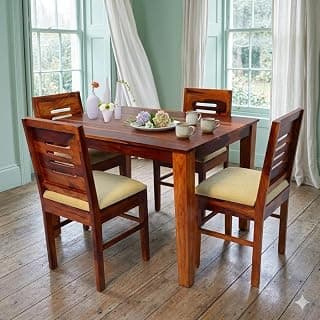 Premium Sheesham Wood Dining Table(45x30) with 4 Chairs | 4 Seater Dining Set | 1 Year Warranty | Honey Finish with Cream Cushions -DIY(Do-It-Yourself)