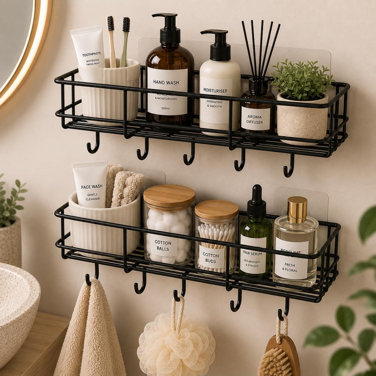 KBV Bathroom Organizer Without Drill, GI Steel Self Adhesive Bathroom Shelf for Wall, Wall Mounted Bathroom Stand, Rust Resistant CED Powder Coated Bathroom Accessories Storage Rack, Black, Pack of 2