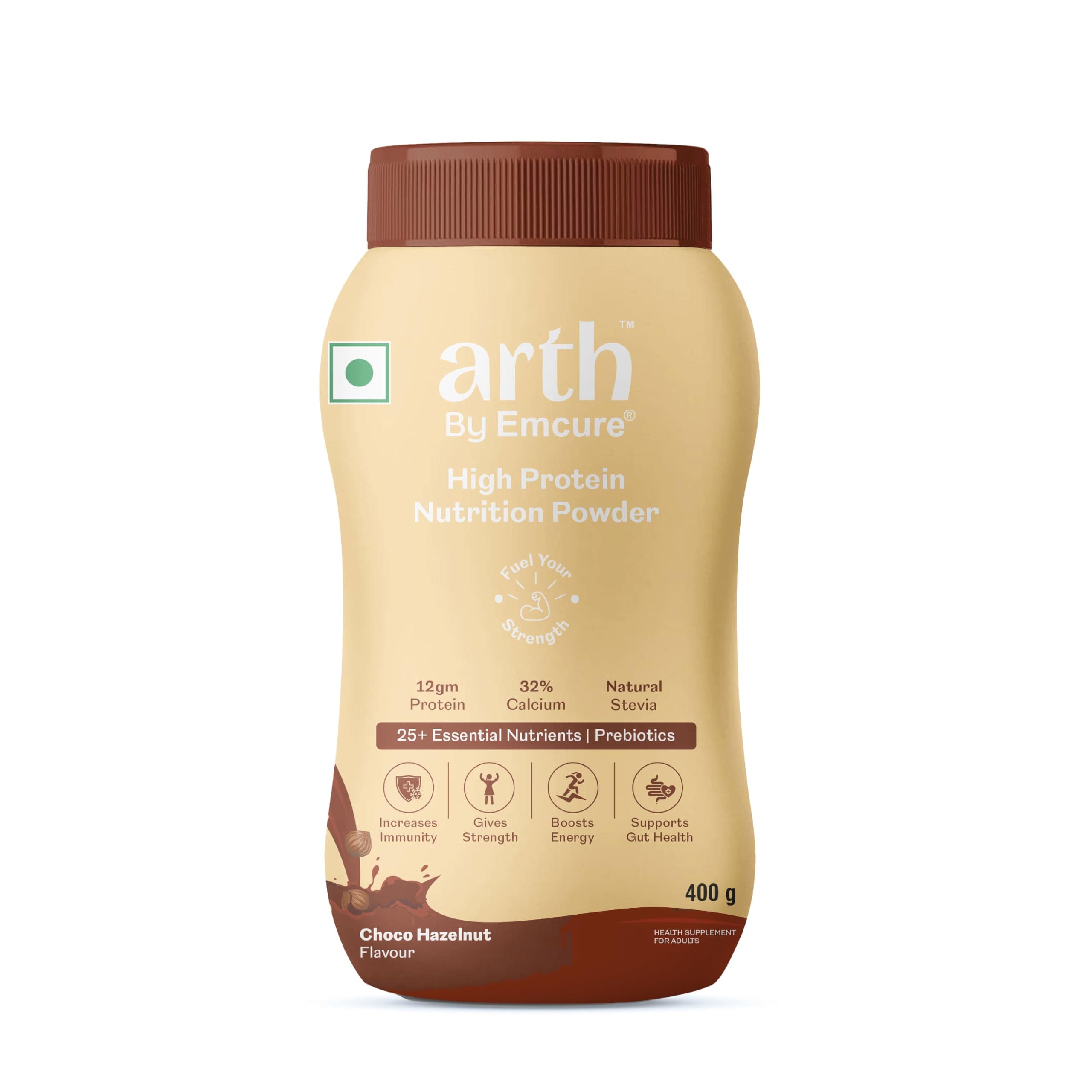 Arth High Protein Nutrition Powder | 12g Protein per day Serving | 25+ Essential Nutrients with Prebiotic | No Added Sugar | Supports Energy, Strength & Immunity | 400gm (Choco hazelnut Flavour)