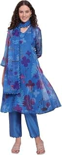 W for Woman Blue Floral Printed Organza Flared Kurta, Pants and Dupatta Set
