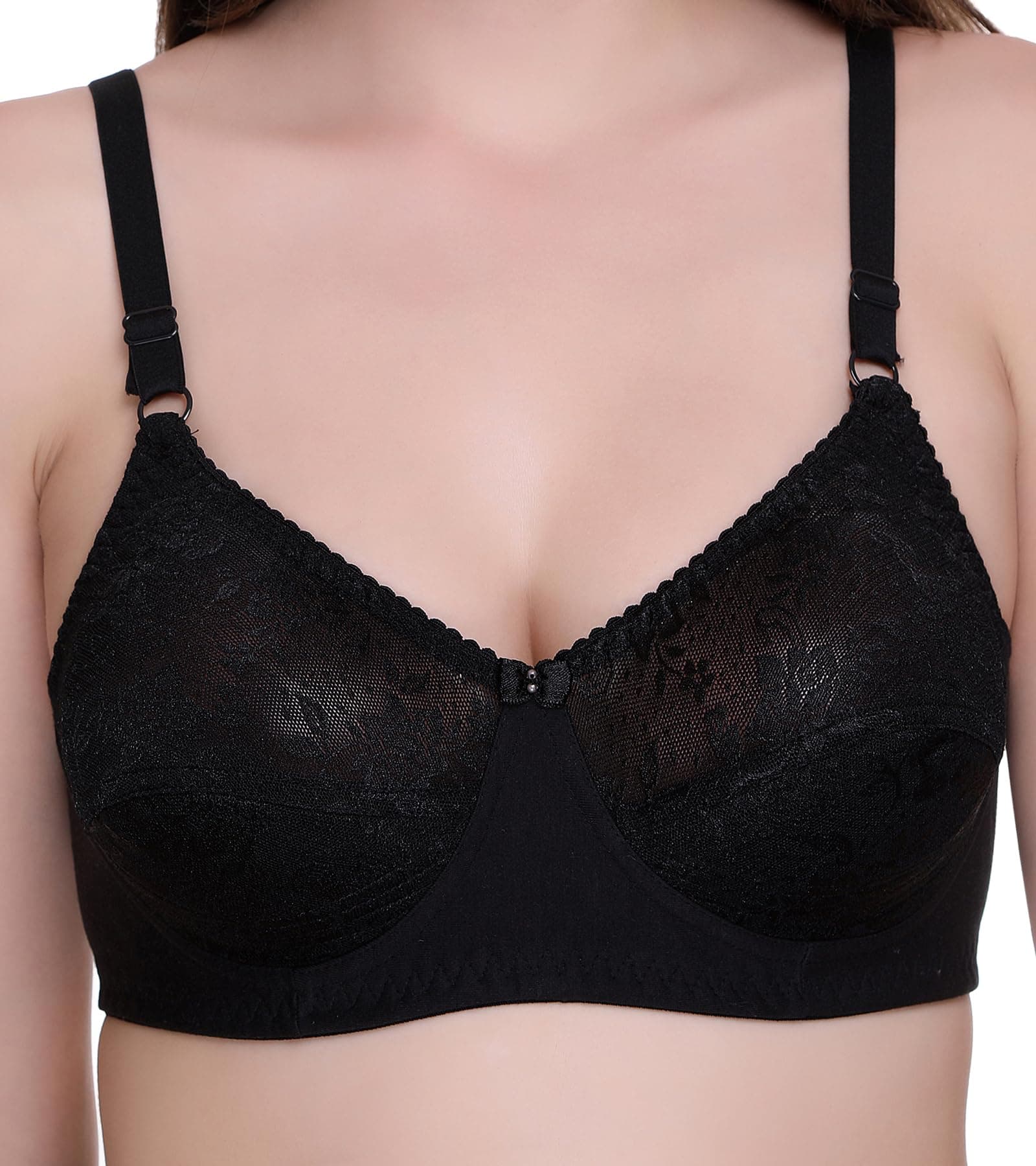 SONA Women's Lace Non-Padded Wire Free Full Coverage Bra Black