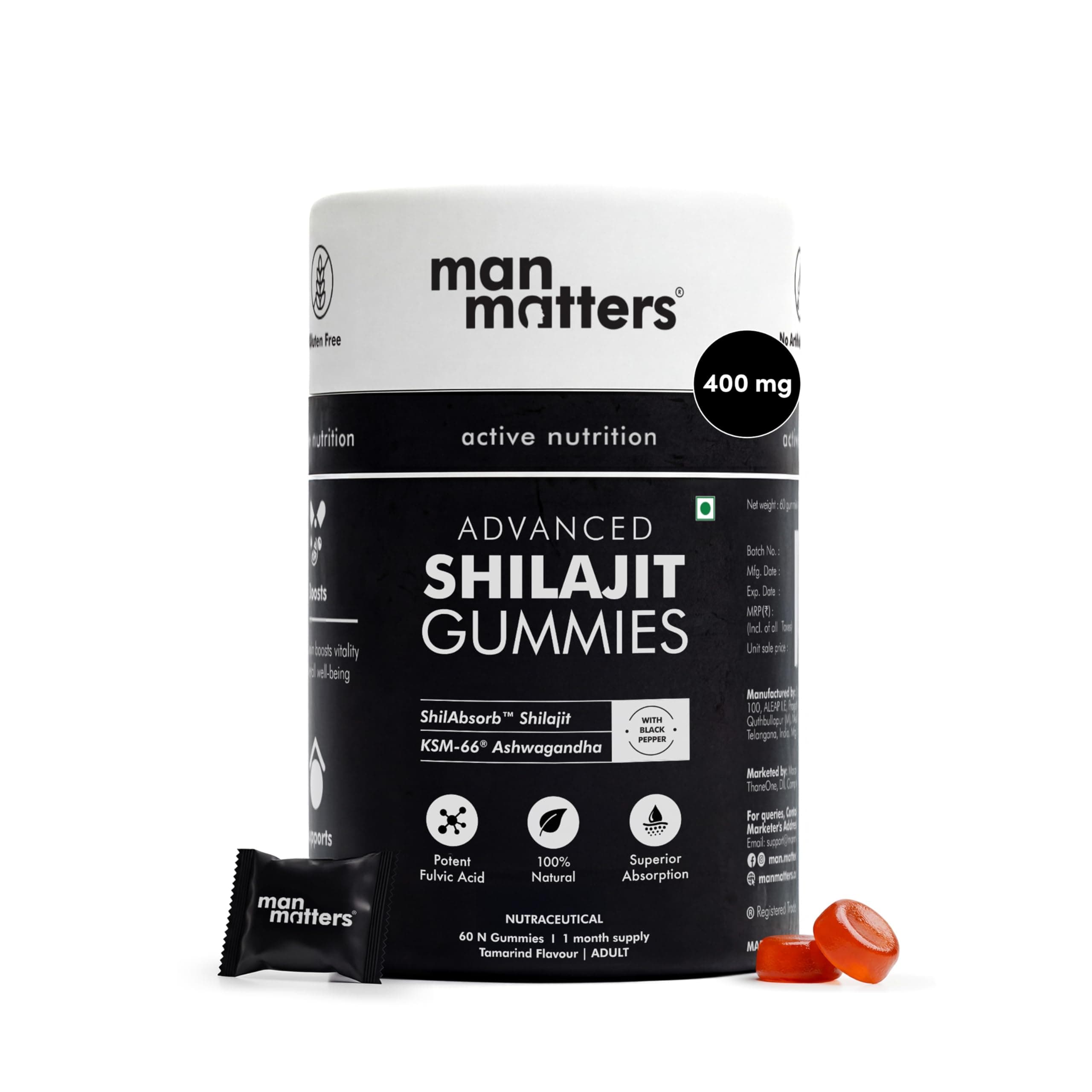 Man Matters Pure Shilajit/Shilajeet Gummies Advanced with Lab-Tested Fulvic Acid & KSM 66 Ashwagandha | Boosts Fitness, Improves Energy Levels & Helps Manage Stress | No Added Sugar | Pack of 60