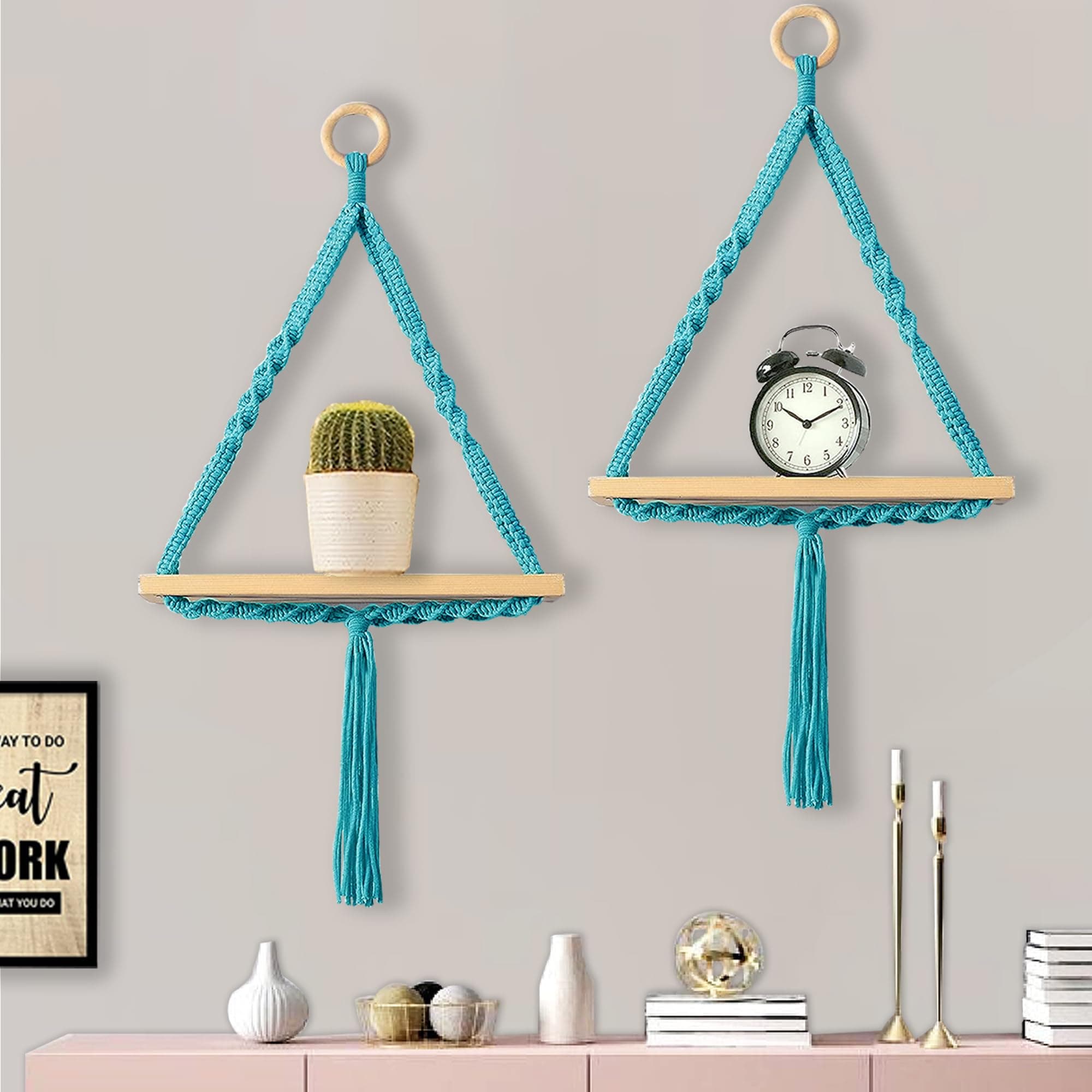 Homesake® Macrame Wall Hanging Shelf Woven Home Decor Wood Floating Storage Shelf Bohemian Handmade Cotton Rope,Living Room, Balcony, Garden, (71 L x 40 W Turquoise Pack of 2)