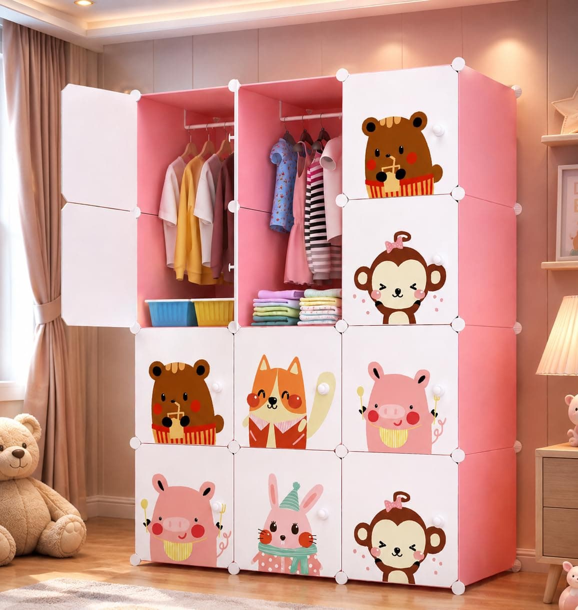 EXVITO Kids Plastic Wardrobe – 12 Door Foldable Almirah for Clothes with Hanging Rod, Collapsible Wardrobe Cartoon Print Cupboard for Baby & Kids Room - KTA1