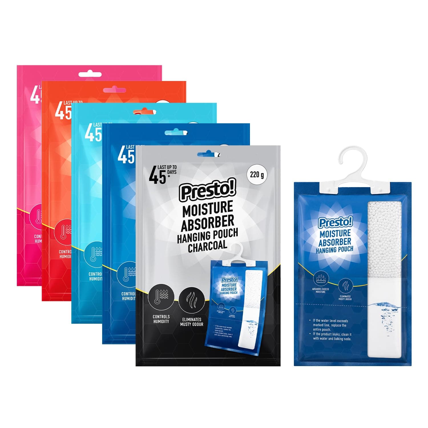 Amazon Brand - Presto! Moisture Absorber Hanging Bag (220g) | Scented | Ocean Breeze, Rose, Citrus, Unscented, Charcoal | Pack of 5