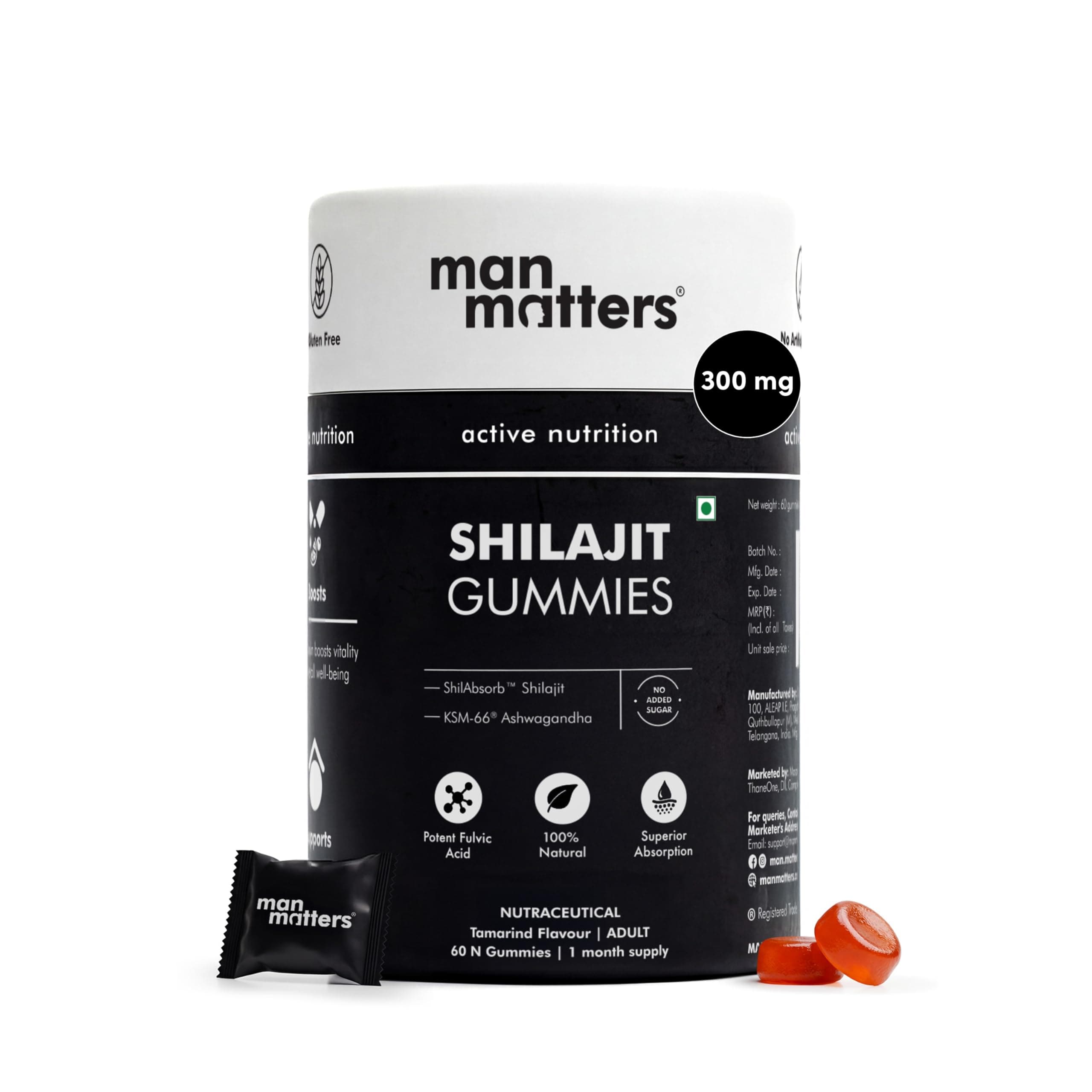Man Matters Pure Shilajit/Shilajeet Gummies with Lab-Tested Fulvic Acid & KSM 66 Ashwagandha | Boosts Fitness, Improves Energy Levels & Helps Manage Stress | No Added Sugar | Pack of 60