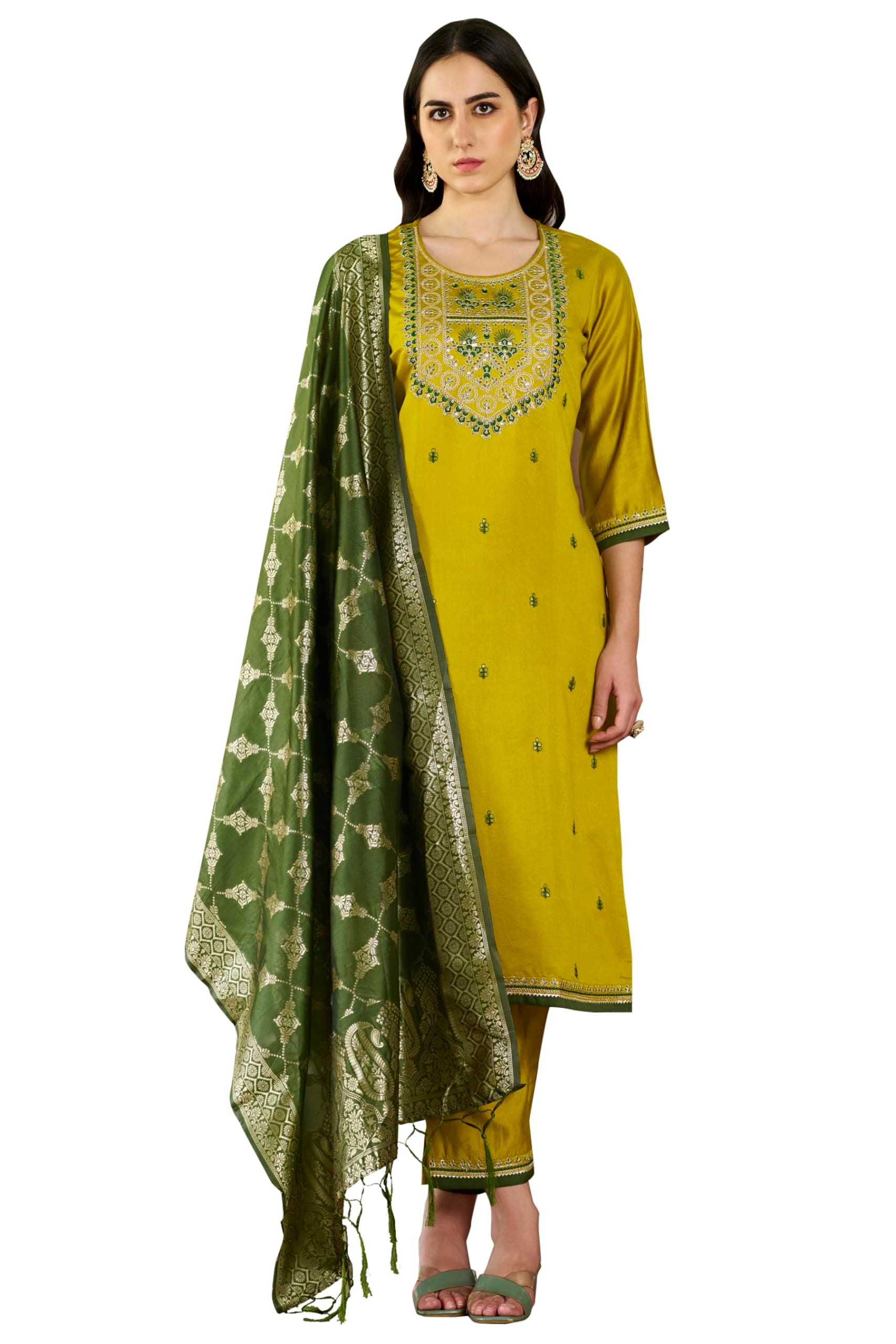 VredeVogel Women's Embroidered Viscose Rayon Kurta with Pant & Banarasi Silk Dupatta Set