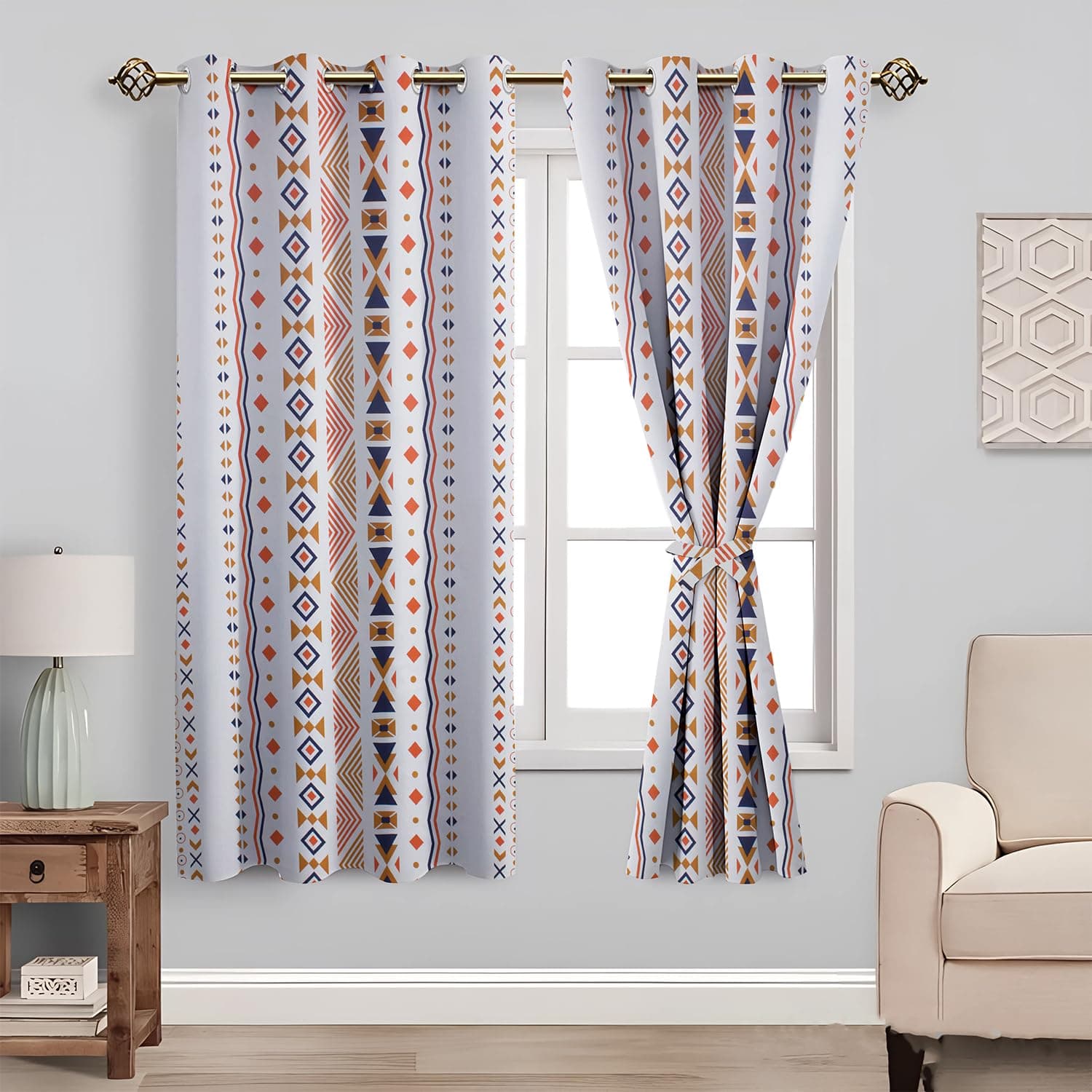 Amazon Basics - Geometric Print Light Filtering Curtains | 100% Cotton 150 TC | Set of 2 | 5 Feet | 115 x 150 cm | Multi-Color | Eyelets & Tiebacks| Ideal for Bedroom and Living Room