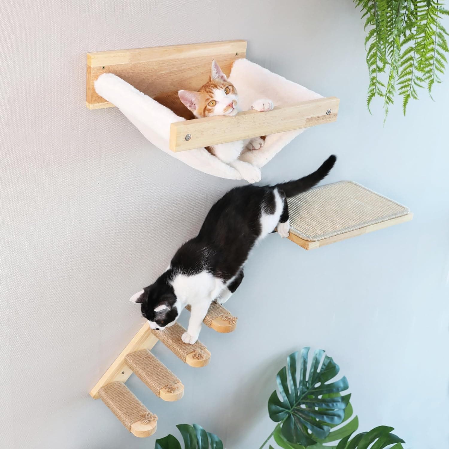Vespearl Wall Mounted Cat Scratching Post for Indoor Cats | Kitten Wall Shelves Climbing Furniture| Sisal Rope Cat Claw Scratcher Tree (Full Set)