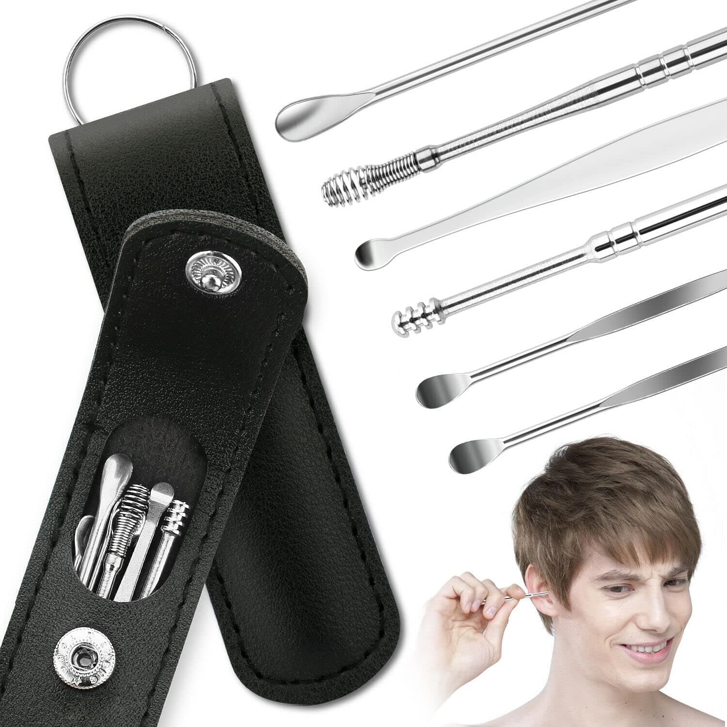 6-in-1 Ear Wax Cleaner- Reusable Ear Cleaning Tools Leather Pouch - Ear Pick Wax Remover Tool Kit with Ear Curette Cleaner and Spring Ear Buds Cleaner Fit in Pocket Great for Traveling