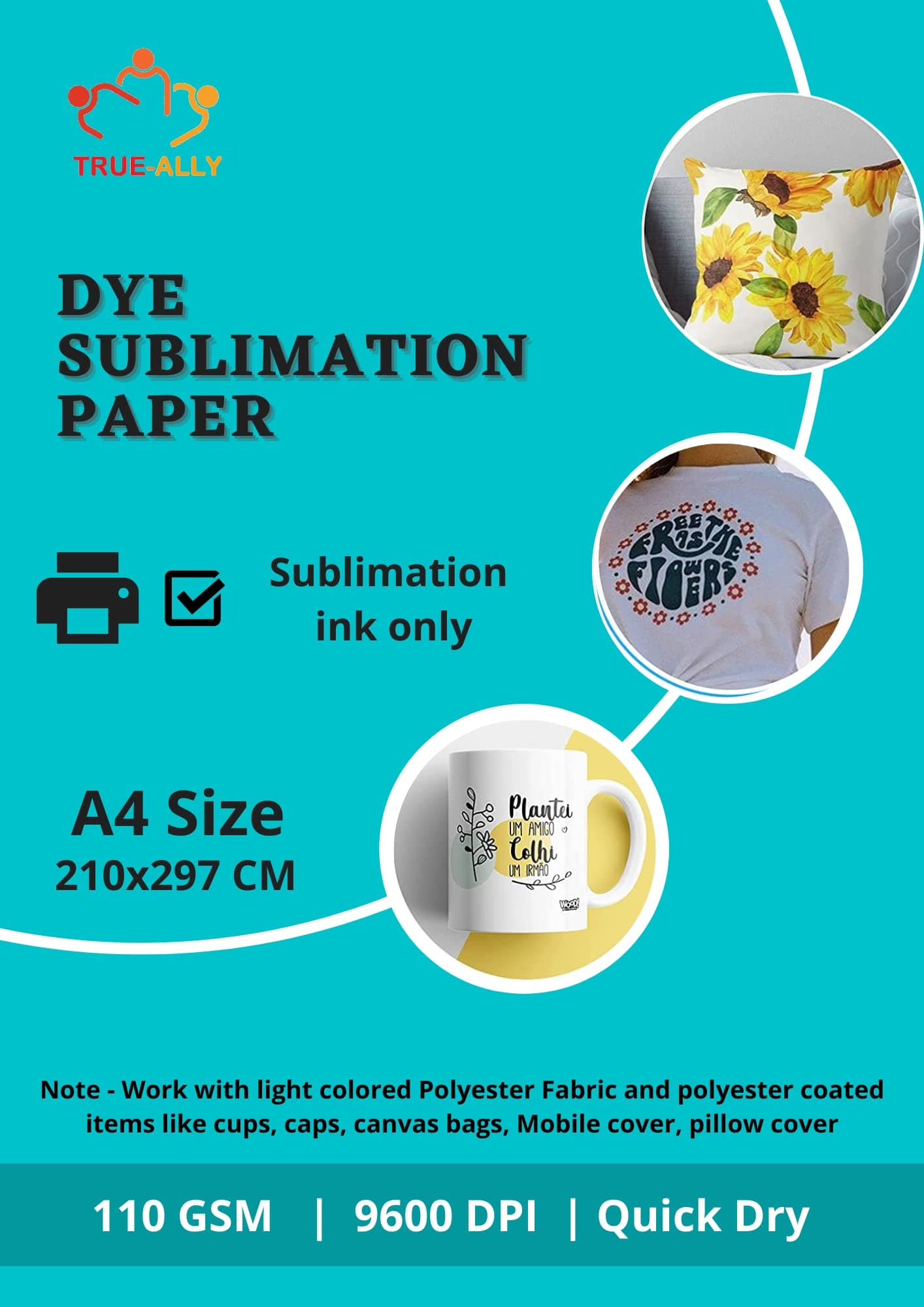 True-Ally Sublimation Paper Heat Transfer 8.5x11 inch A4 40 Sheets for Any Epson HP Canon Inkjet Printer with Sublimation Ink for Mug, T-Shirt, Light Fabric DIY 105 GSM (40 Sheets (A4-105 GSM))