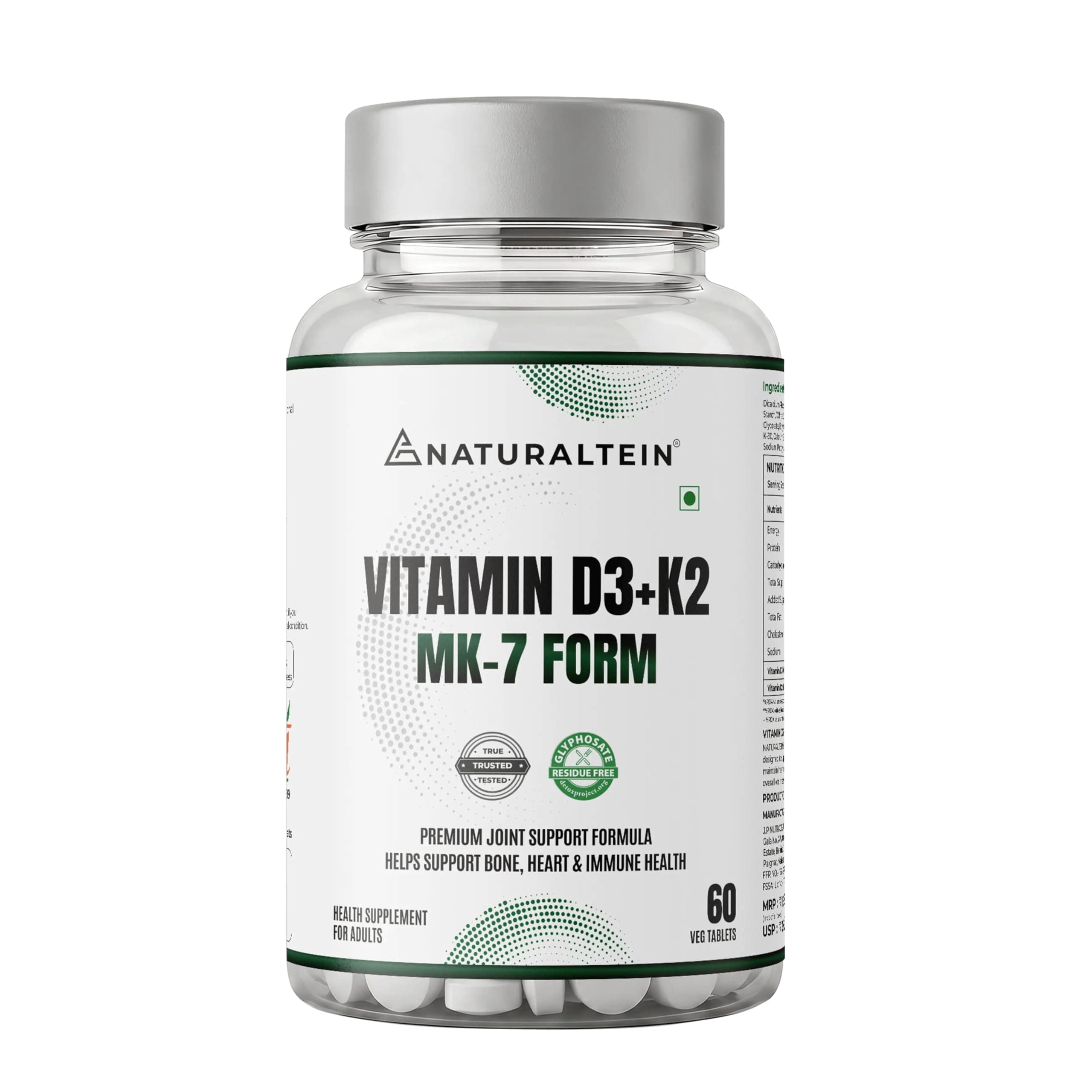 NATURALTEIN Vitamin D3 + K2 Supplement | 600 IU Plant-Based D3 & 55 mcg MK-7 | Supports Bone Strength, Calcium Absorption, Muscle & Immunity | Vegan, Non-GMO | 60 Unflavoured Tablets