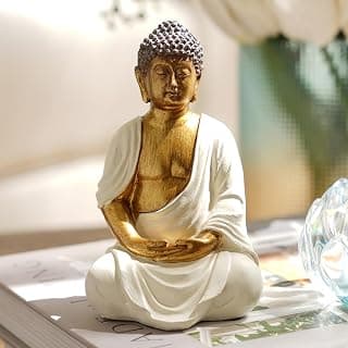 PURE HOME + LIVING Ivory Antique Gold Polyresin Meditating Sitting Buddha - Small Showpiece Idol Home Decor Items for Living Room and Gifts | Elegant Seated Pose Home & Garden Decor Accent (Pack of 1)