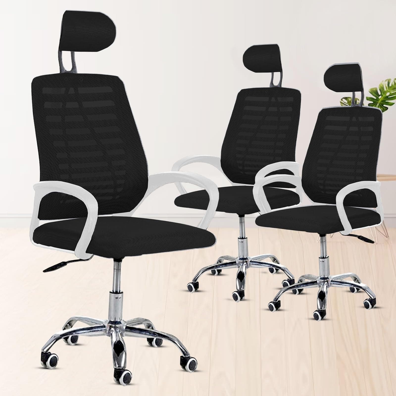 Casa Copenhagen (Pack of 3 Mesh Office Desk Chair,Rocking Ergonomic Computer Chair Adjustable High with Headrest and Comfortable Armrest Swivel - Black & White Handle