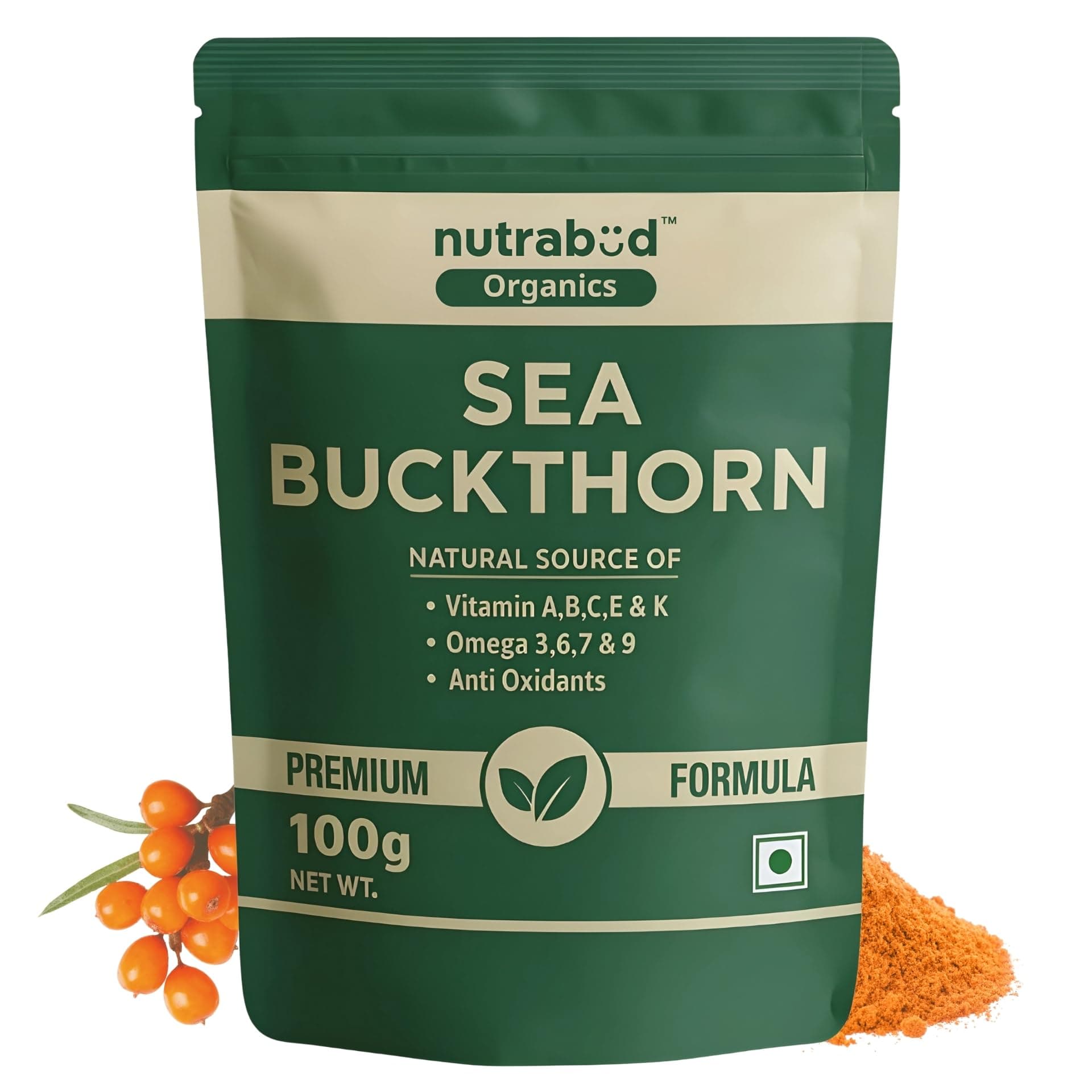 Nutrabud Sea Buckthorn Berry Powder - 100 grams - 100% Pure Sea Buckthorn Powder - Natural Source of Vitamins, Omega-3,6,7,9 & Anti Oxidants (100g (Pack of 1))