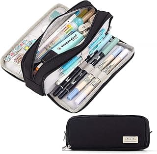FINEMOE Canvas Large Capacity Pencil Box for Girls & Boys, 3 Compartments Pen & Pencil Pouches, Aesthetic Stationery Pouch for School Kids College Students, Cute Stationary Gift for Children (Black)