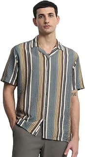 MUFTI Green Vertical Stripes Camp Shirt