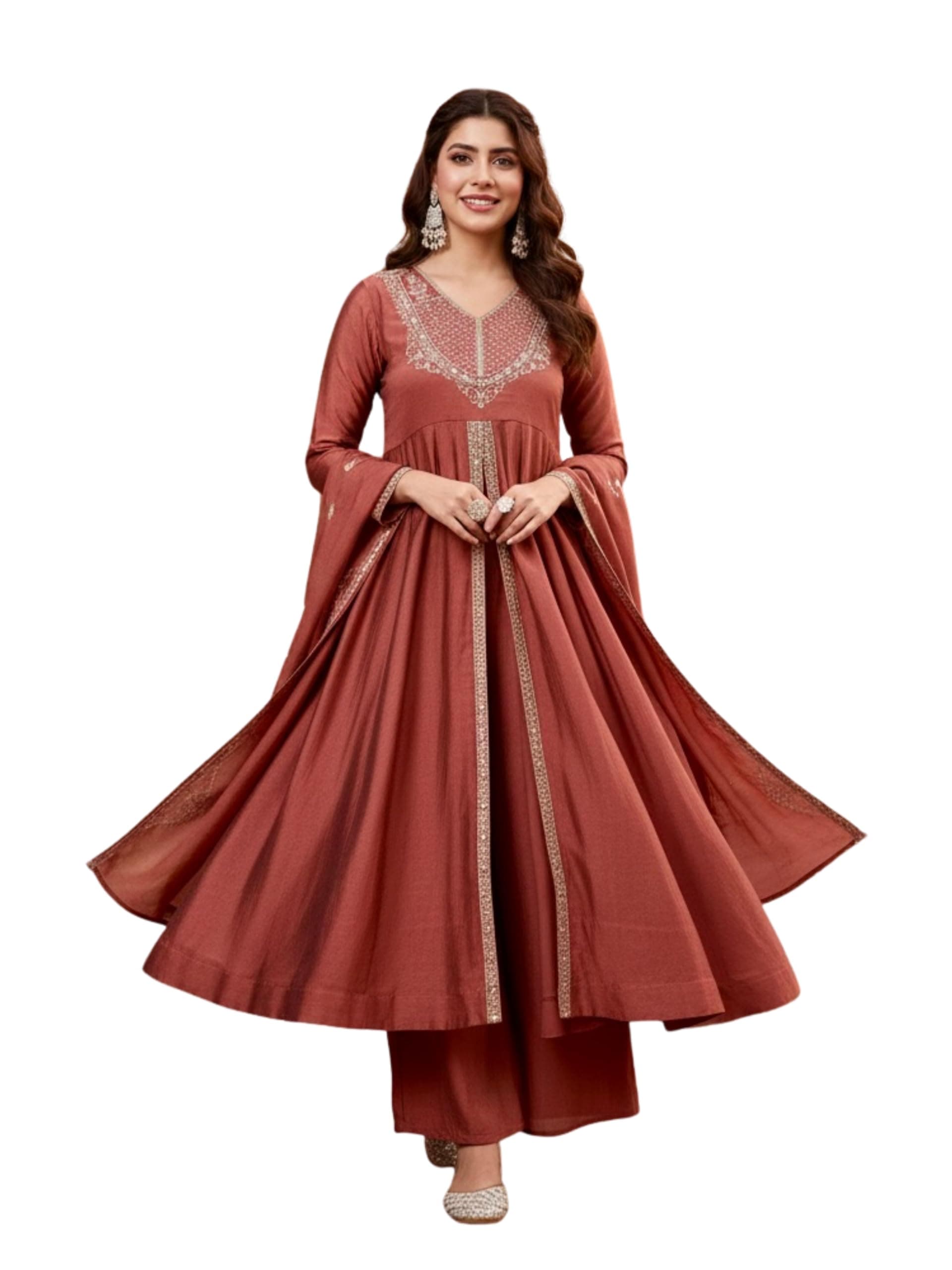 MOKOSH Women’s Silk Heavy Embroidered Anarkali Suit Set with Dupatta