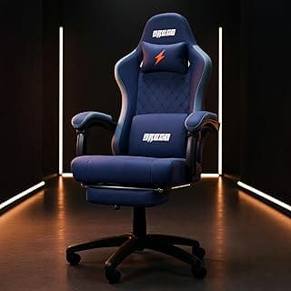 DROGO Throne Ergonomic Gaming Chair with Linkage Armrest, Foot Rest, & Adjustable Seat | Computer Chair with Fabric, Head & Massager Lumbar Pillow | Home & Office Chair with Full Recline (Dark Blue)
