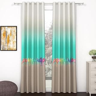 Story@Home Blackout Digital Print Window Curtains 5 Feet Long Set of 2 | 70% Room Darkening Curtain | Thermal Insulated Curtains for Living Room | (118 x 152 cm, Beige & Teal) | Perfect for Home Decor
