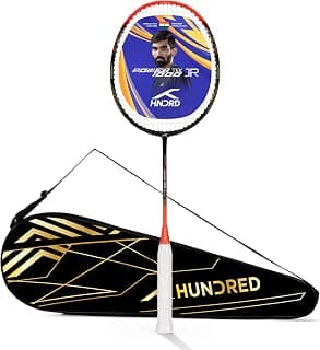 Hundred Powertek 1000 Jr Graphite Badminton Racket with Full Cover (90G, Black/Orange Red)