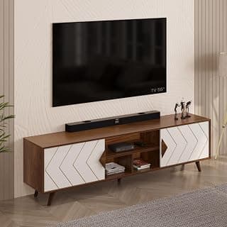 BLUEWUD Wilbrome Engineering Wood Floor Standing TV Entertainment Unit Set Top Box Stand/TV Panel Cabinet Panel with Shelves for Books & Décor Display Unit, Upto 75 Inches (Brown Maple & White)