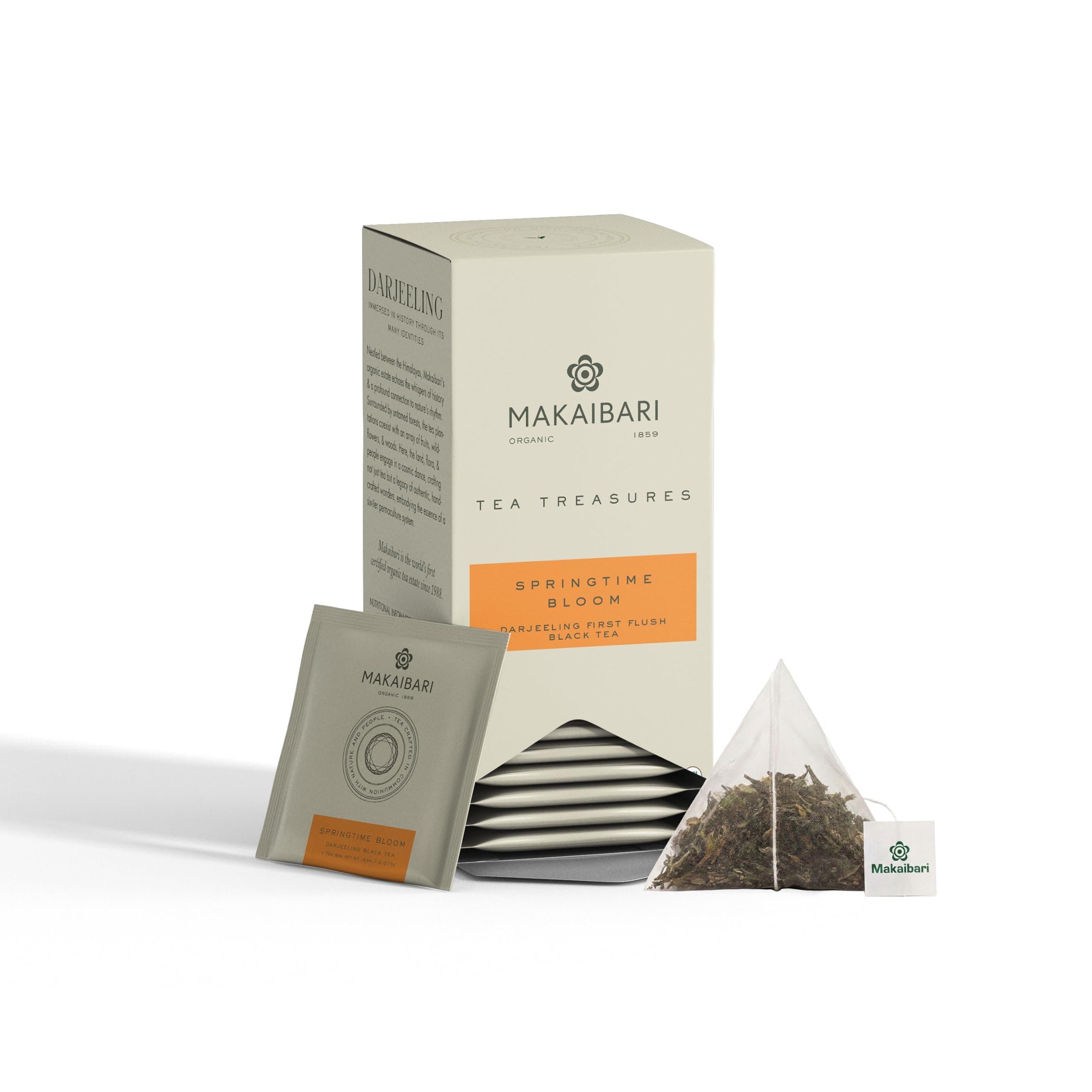 Makaibari Tea Treasures Spring Time Bloom Organic Darjeeling First Flush Black Tea | 25 Plant-Based Biodegradable Envelope Tea Bags | Single Estate Whole Leaf Chai | Fresh Floral Aroma & Delicate Flavor