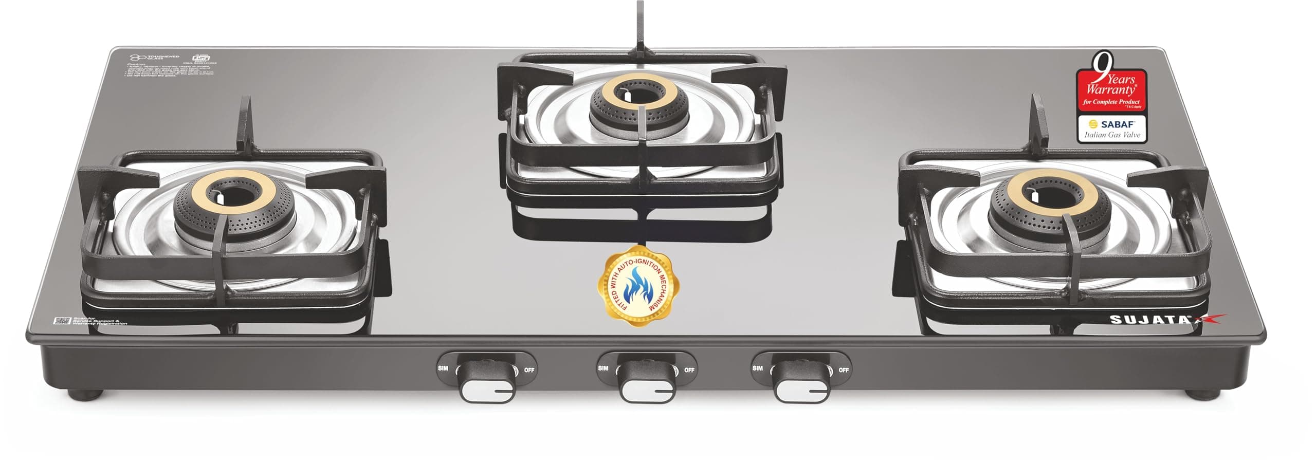 Sujata Gas Stove 3 Burner Glass Top | Classic Gas Stove Auto Ignition | 9 Years Warranty | 3 Burner Gas Stove Glass Top| SABAF, ISI Certified, LPG & PNG Compatible, Jumbo Brass Burner (Black colour)