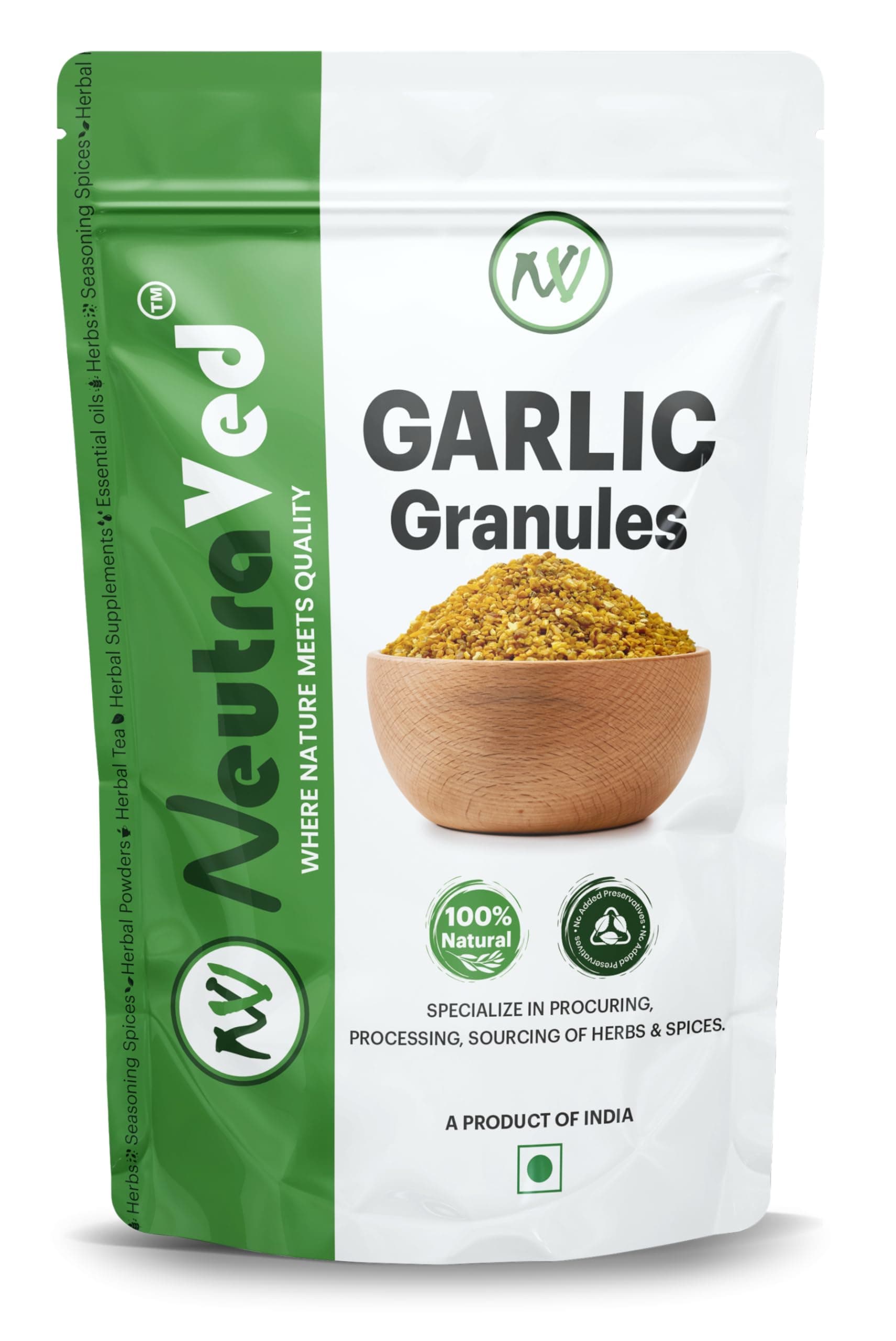 NeutraVed Garlic Granules Lahsun/Lehsun/Natural Lasun Powder Flakes, Dehydrated Lahsun Seasoning for Bread, Pickles, Pizza, Pasta, Toppings, Biryanis - 150g