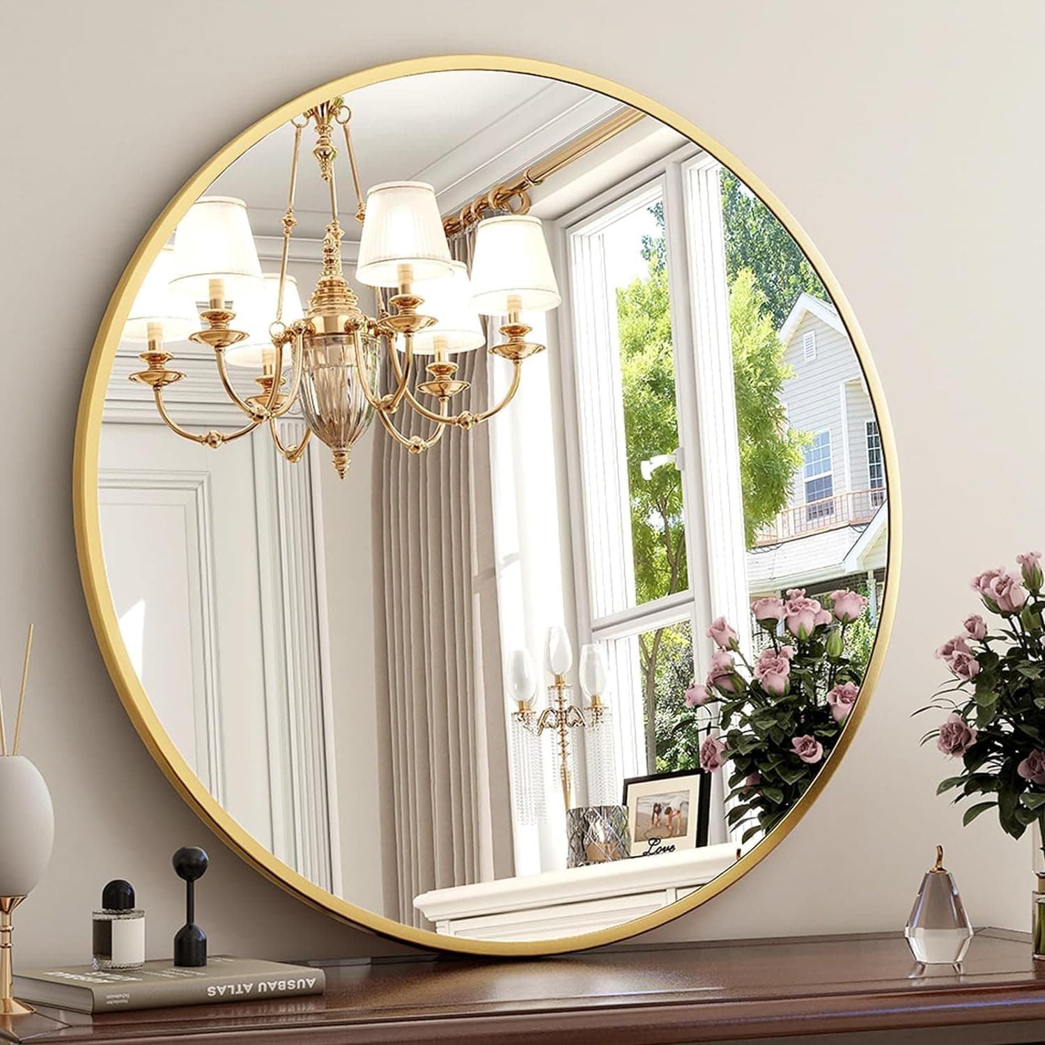 The arts box Decorative Wall Mirror with Gold Floral Frame, Round Glass, Metal Mesh Design (22 INCH) (Gold 22 Inch)