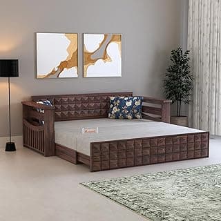 Ganpati Arts Solid Sheesham Wood 3 Seater Diamond Sofa Cum Bed with Storage and Side Pockets Wooden Sofa Bed for Home - (Walnut Finish)
