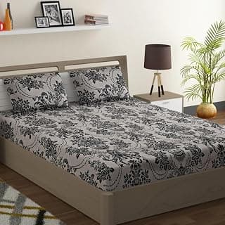 Swayam Roto Cotton King Bedsheet with 2 Pillow Covers | Size 108 x 108 inch | 144 TC | Floral Design | Soft Breathable Bed Sheet | Comfortable & Durable for Bedroom - Beige & Black