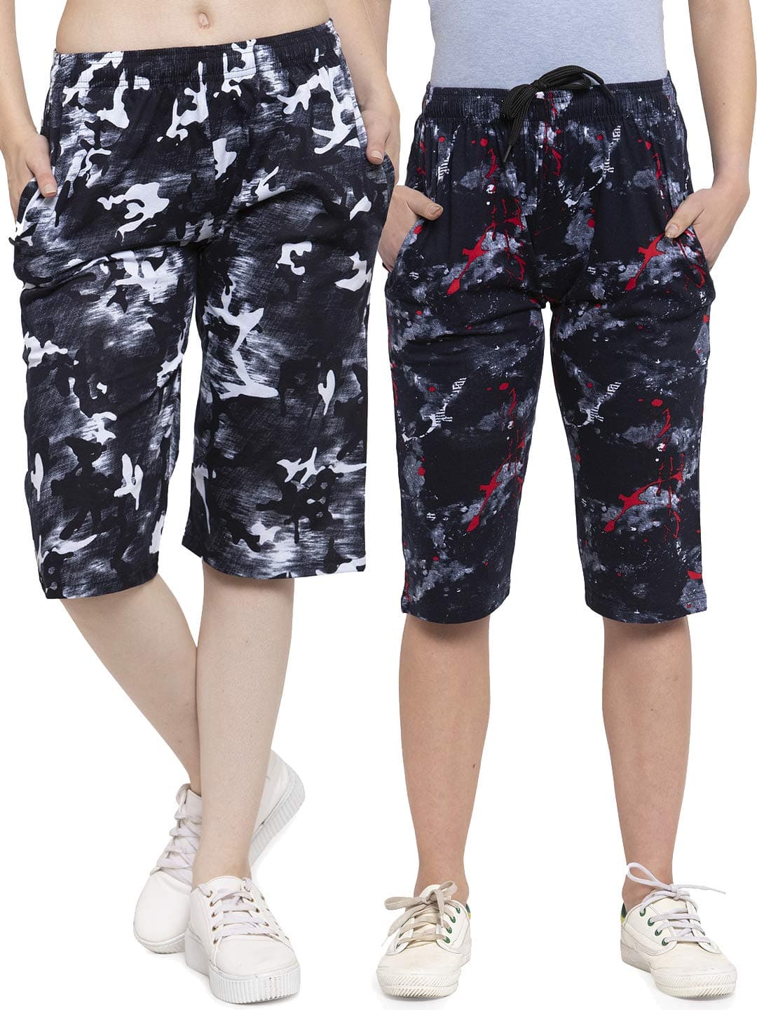 UZARUS Women's Cotton Three Fourth Capri Shorts with Two Zippered Pockets (Pack of 2)