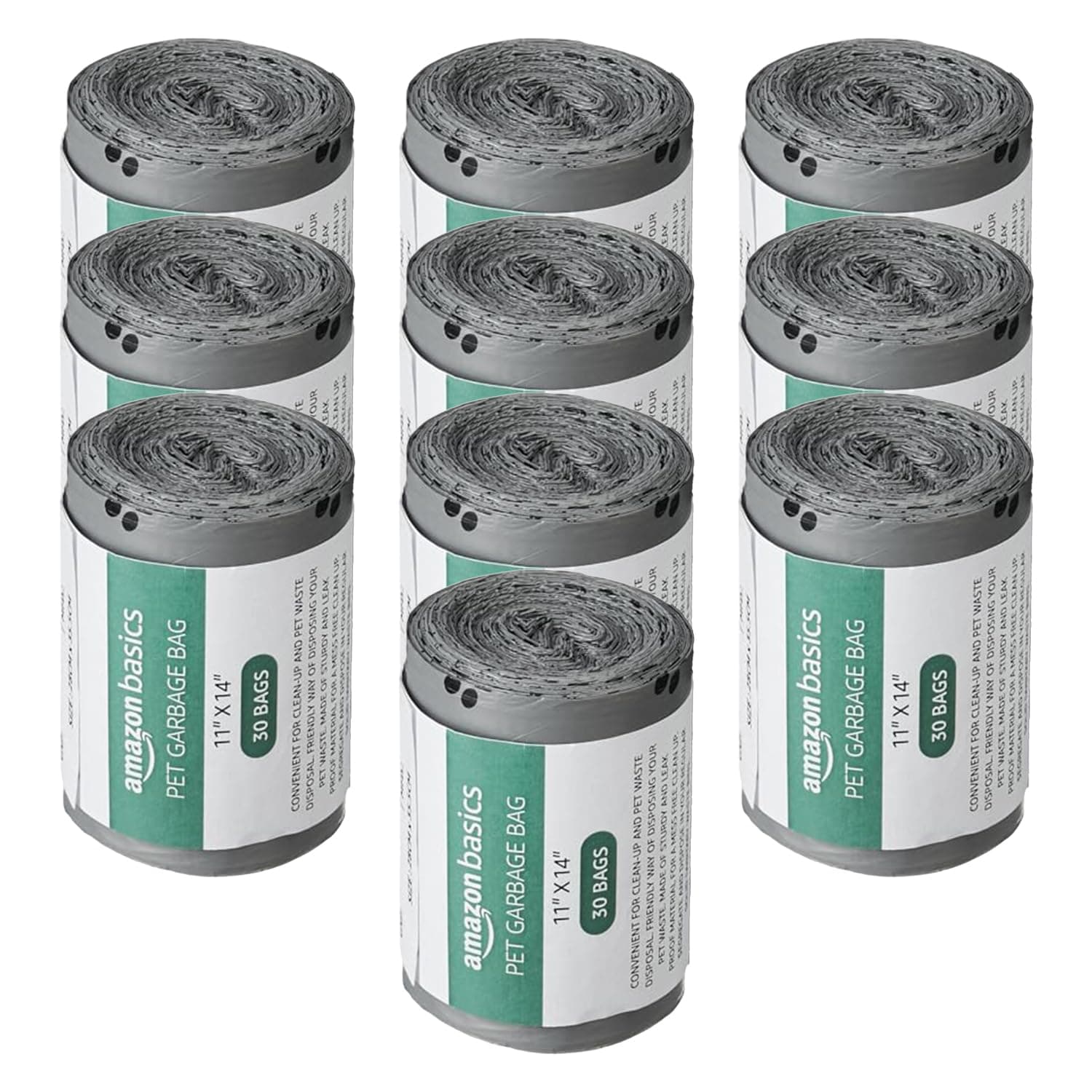 Amazon Basics Pet Poop Bags with Fun Paw Print Design | Strong, Leak-Proof | Easy to Use | Unscented | Grey | 300 Count (30 Bags x 10 Rolls)