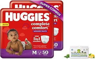 HUGGIES Wonder Pants, Medium Size Diapers (7-12 kg), Combo Pack of 2, 50 Counts Per Pack, 100 Counts & Mamaearth Natural Repellent Mosquito Patches For Babies with 12 Hour Protection,White,Pack of 1