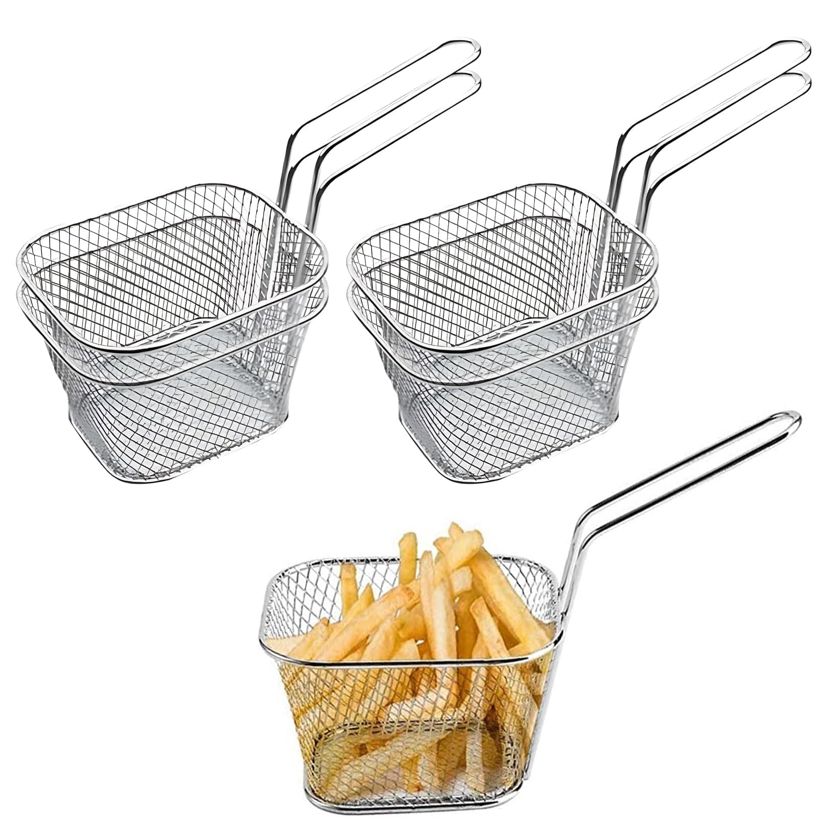 Odowalker 4 Pcs Mini Square Fry Baskets, 4.13×3.3×2.5inch Stainless Steel Fry Basket with Handle Steel French Fry Chip Basket French Fries Desk Food Presentation Mesh Basket Kitchen Cooking Tool