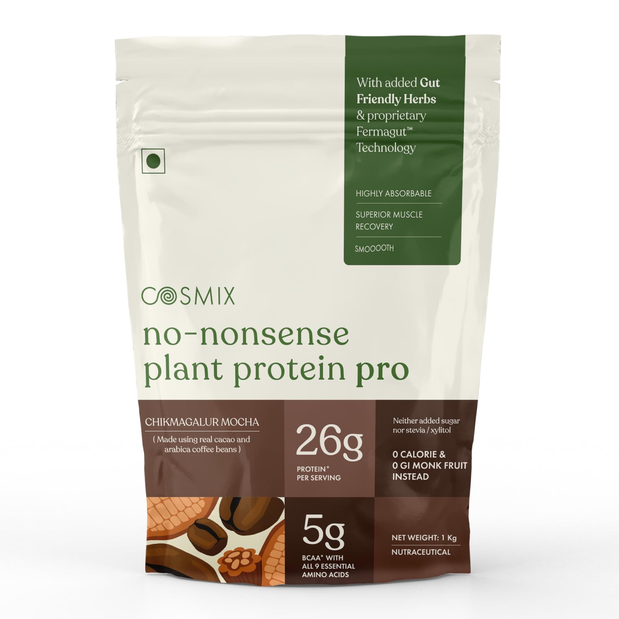 Cosmix No-Nonsense Plant Protein PRO 26g Protein | Yeast Protein & Pea Protein Blend | Chikmagalur Mocha, 1Kg Pouch x 1 | Clean, Easy to Digest