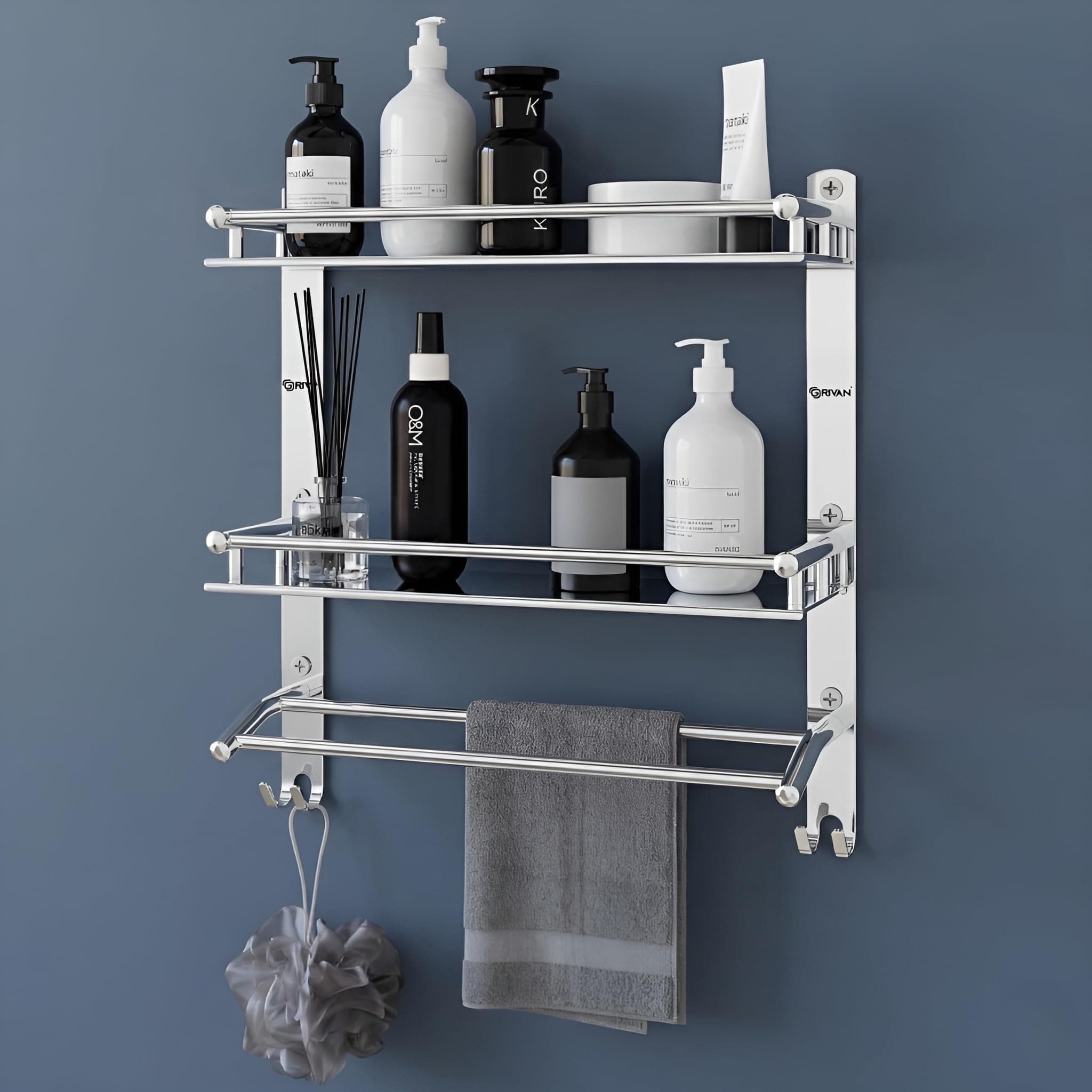 GRIVAN Stainless Steel Multipurpose 3-Layer Bathroom Shelf with Towel Rod & Hooks | Wall Mounted Rack Organizer for Bathroom Accessories Storage (Silver Chrome, 3-Tier)
