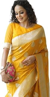 Yashika Women’s Fancy Banarasi Kanjivaram Art Silk Yellow Saree with Unstitched Blouse Piece |Wedding Saree for Women
