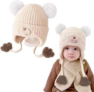 Flavizo Winter Baby Beanie Hat for Kids - Boys & Girls Knitted Cap with Fur, Warm Toddler Winter Hat for 6 Months to 3 Years, Outdoor & Birthday Gift Beige