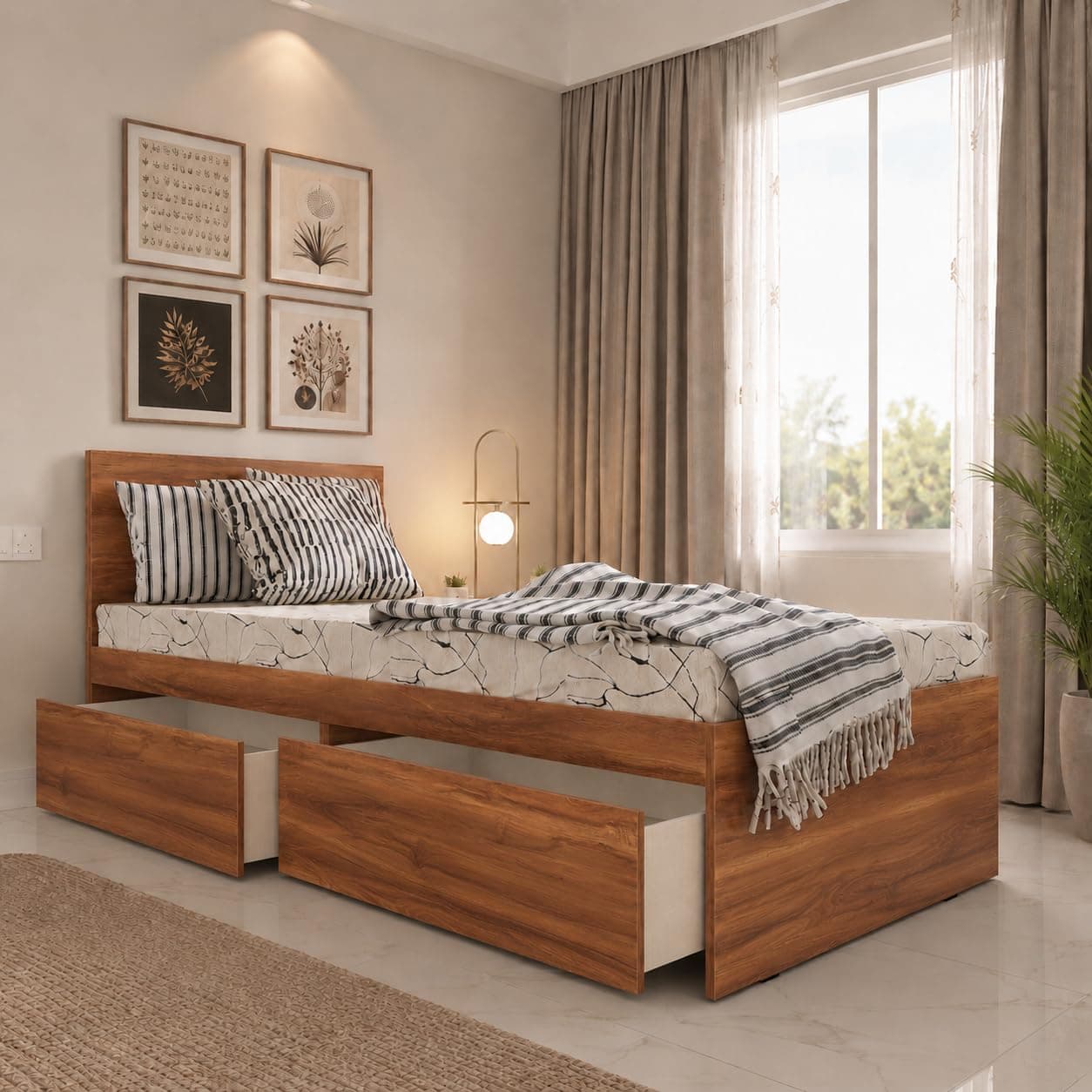 Studio Kook Tribe Single Bed with Headboard, 2 Drawers, Amber Walnut | Mattress not included. Drawers fit either side, chosen at assembly; 203x95x90 cm, two 93x78x19 cm drawers on castors