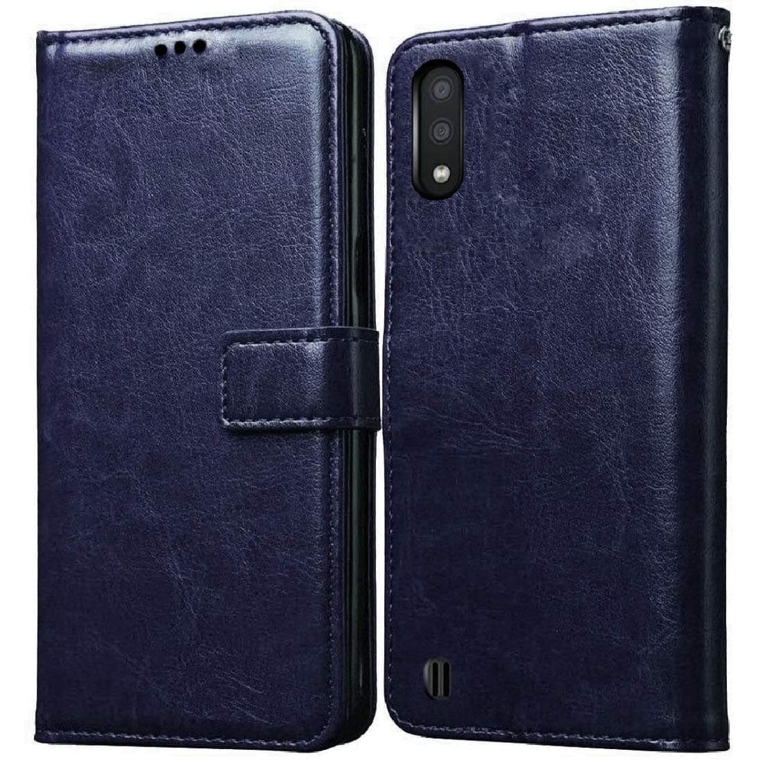 Amazon Brand - Solimo Flip Leather Mobile Cover (Soft & Flexible Back case) for Samsung Galaxy M01 (Blue)