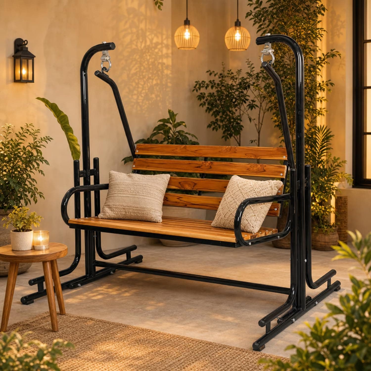 Swing India 2-Seater Swing Jhula Indoor/Outdoor - Wooden Seat, 300 Kg Capacity with Iron Swing Frame (107 cm)
