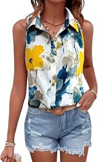 Gufrina Women’s Sleeveless Button Down Shirt with Abstract Floral Print in Yellow and Blue - Lightweight Casual Summer Top for Relaxed Fit