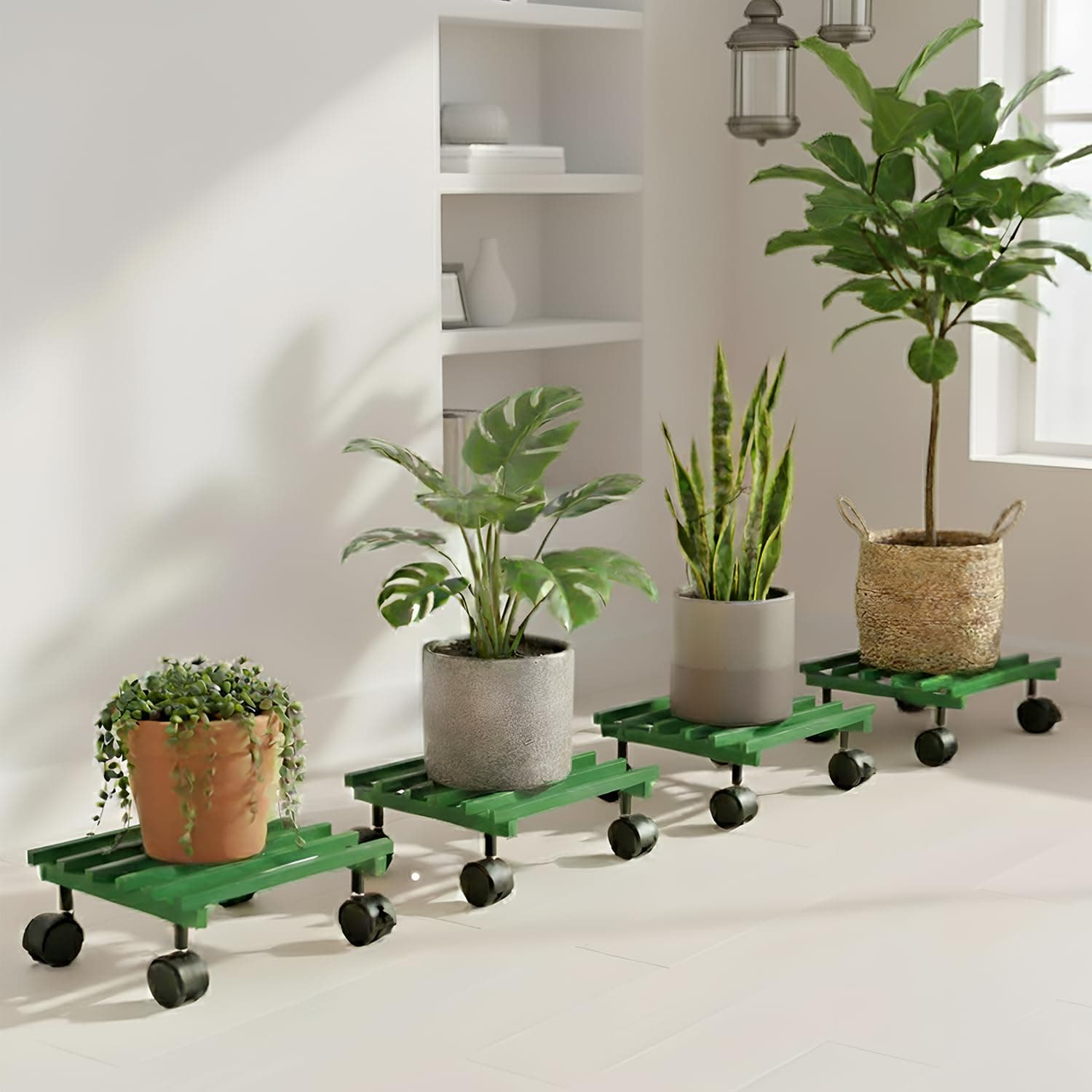 Pivalo Square Plant Stand with Wheels Anti-Rust Metal Flower Pot Holder 50kg Capacity Outdoor and Indoor Planters Gamla Stands for Balcony & Living Room Home Decor (Pack of 4, Green)