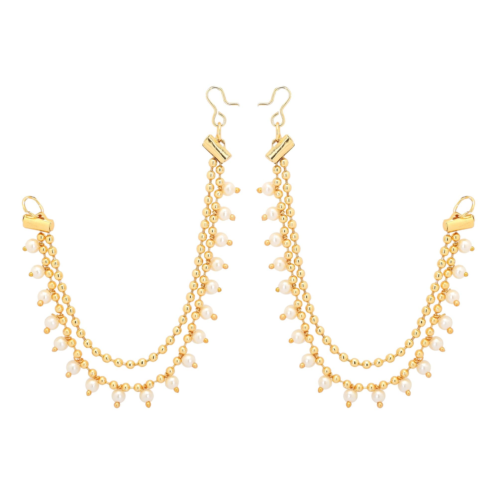 Shreyadzines Gold Pearl Ear Chain for Women | Earring Support for Heavy Earrings | Traditional Sahara Ear Chain | Hair Hook Ear Drape Accessory for Jhumka, Chandbali & Polki Earrings