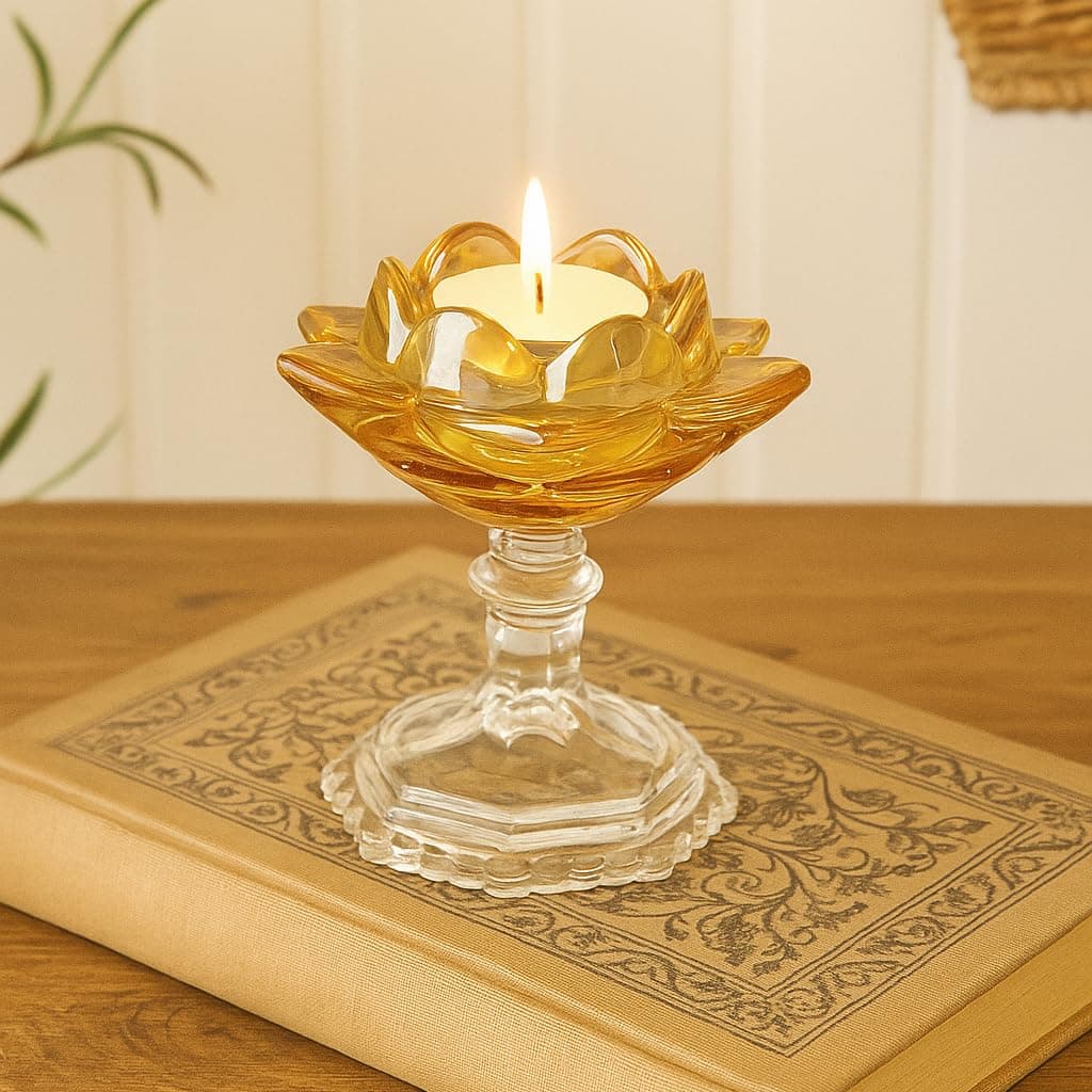 NFI essentials Lotus Flower Shaped Tea Light Glass Candle Holder with Clear Pedestal Base, Decorative Diya Votive Centerpiece for Home Decor and Festival Like Diwali, Christmas (Lemon Yellow)